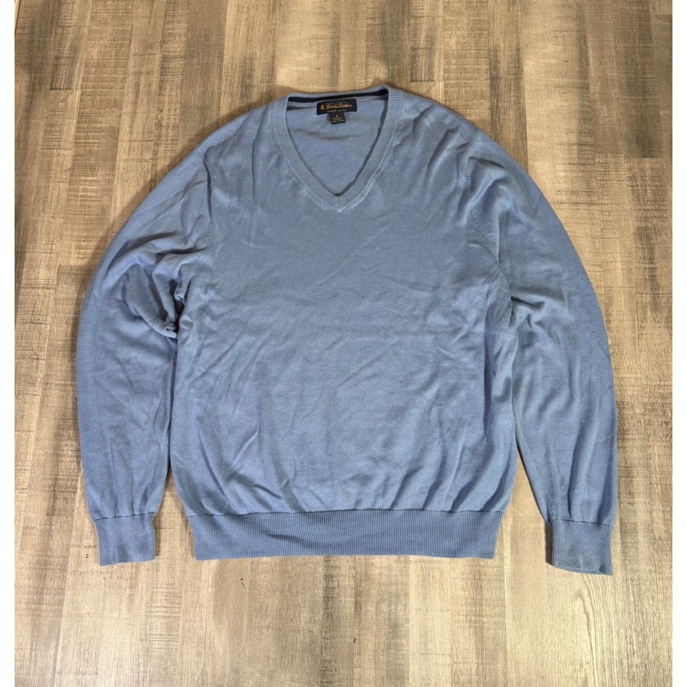 Brooks Brothers Mens Blue Supima Cotton V-Neck Sweater Preppy Old $ Size Medium